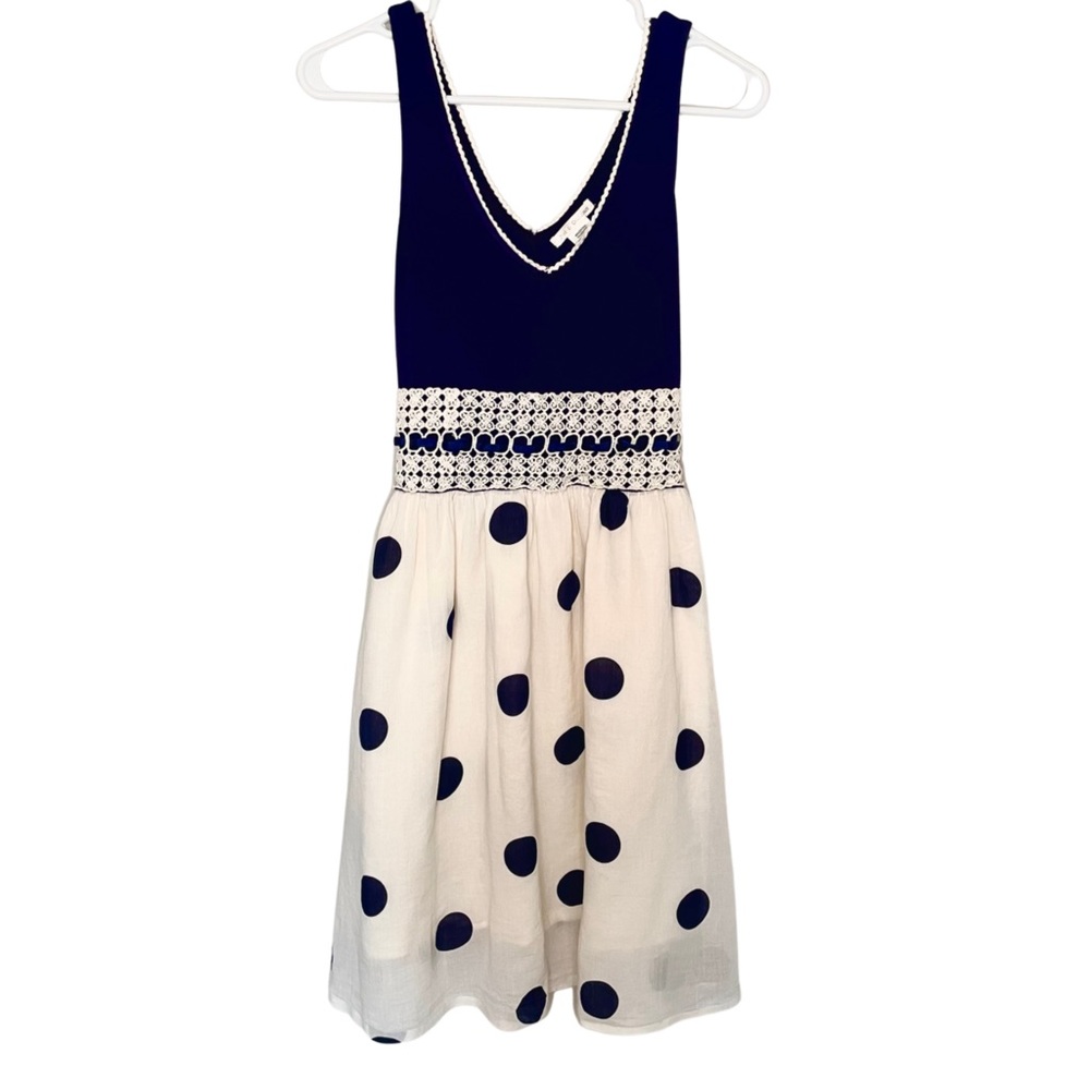 Vintage Navy Blue Dress with Polka Dots and Lace, Size Medium